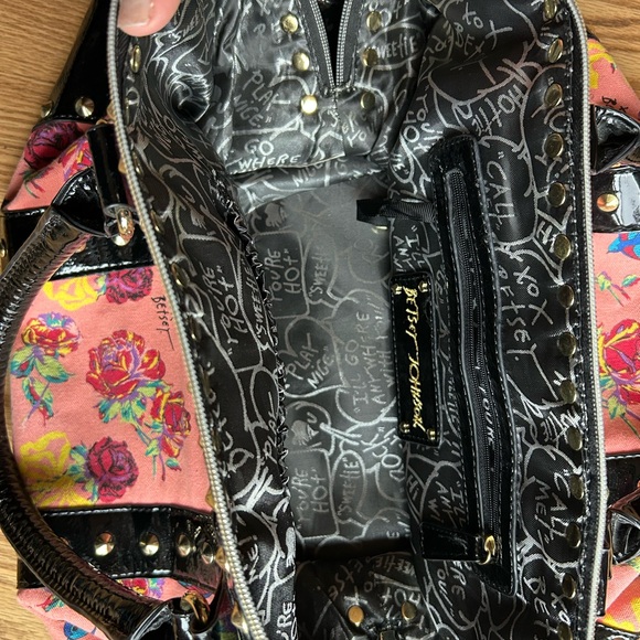 Betsey Johnson Black and Pink Floral Satchel - Picture 5 of 7